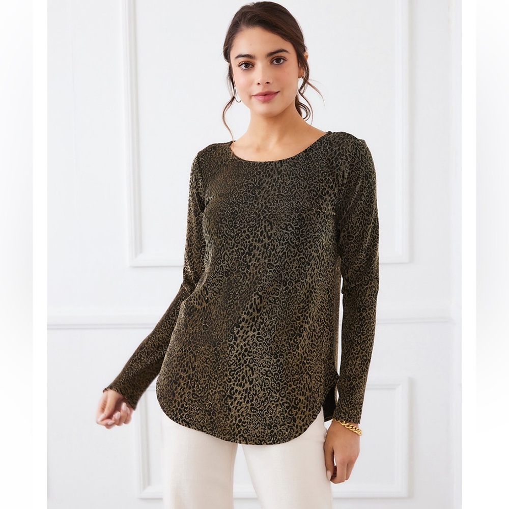 NWT✨Karen Kane Metallic Shirttail Long Sleeve Leopard Print Scoop Neck Top Small